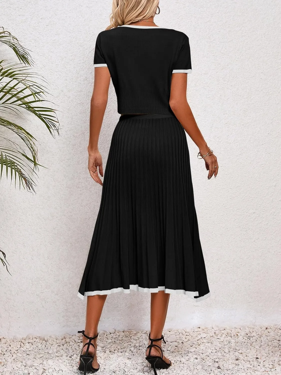 Imily Bela Womens 2 Piece Sweater Outfits Sets Short Sleeve V Neck Crop Top Knit Midi Long Pleated Skirt Dresses