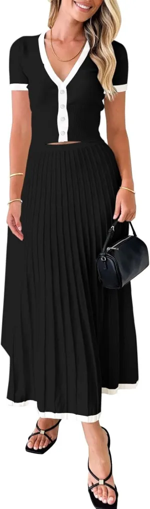 Imily Bela Womens 2 Piece Sweater Outfits Sets Short Sleeve V Neck Crop Top Knit Midi Long Pleated Skirt Dresses