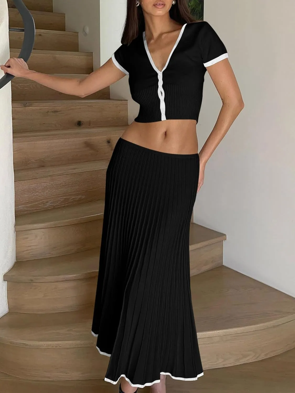 Imily Bela Womens 2 Piece Sweater Outfits Sets Short Sleeve V Neck Crop Top Knit Midi Long Pleated Skirt Dresses