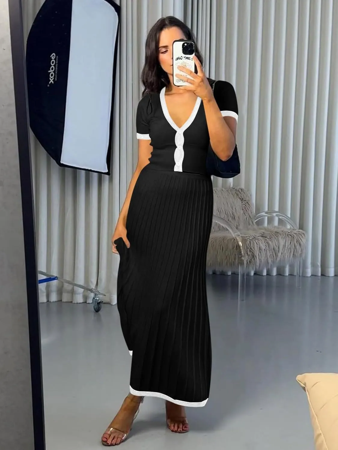 Imily Bela Womens 2 Piece Sweater Outfits Sets Short Sleeve V Neck Crop Top Knit Midi Long Pleated Skirt Dresses
