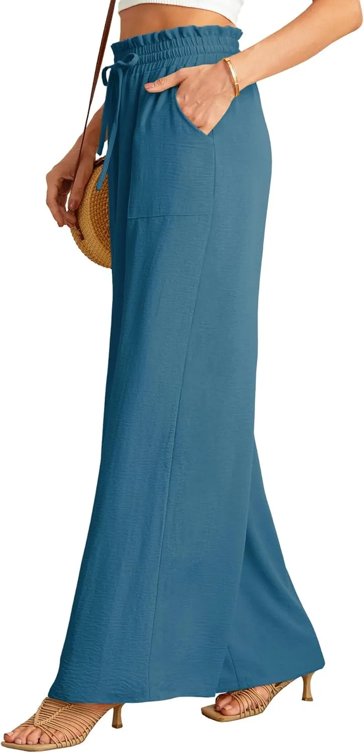 JINKESI Women Wide Leg Pants High Waist Loose Flowy Adjustable Tie Knot Trousers Business Casual Pants with Pockets
