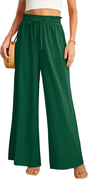 JINKESI Women Wide Leg Pants High Waist Loose Flowy Adjustable Tie Knot Trousers Business Casual Pants with Pockets