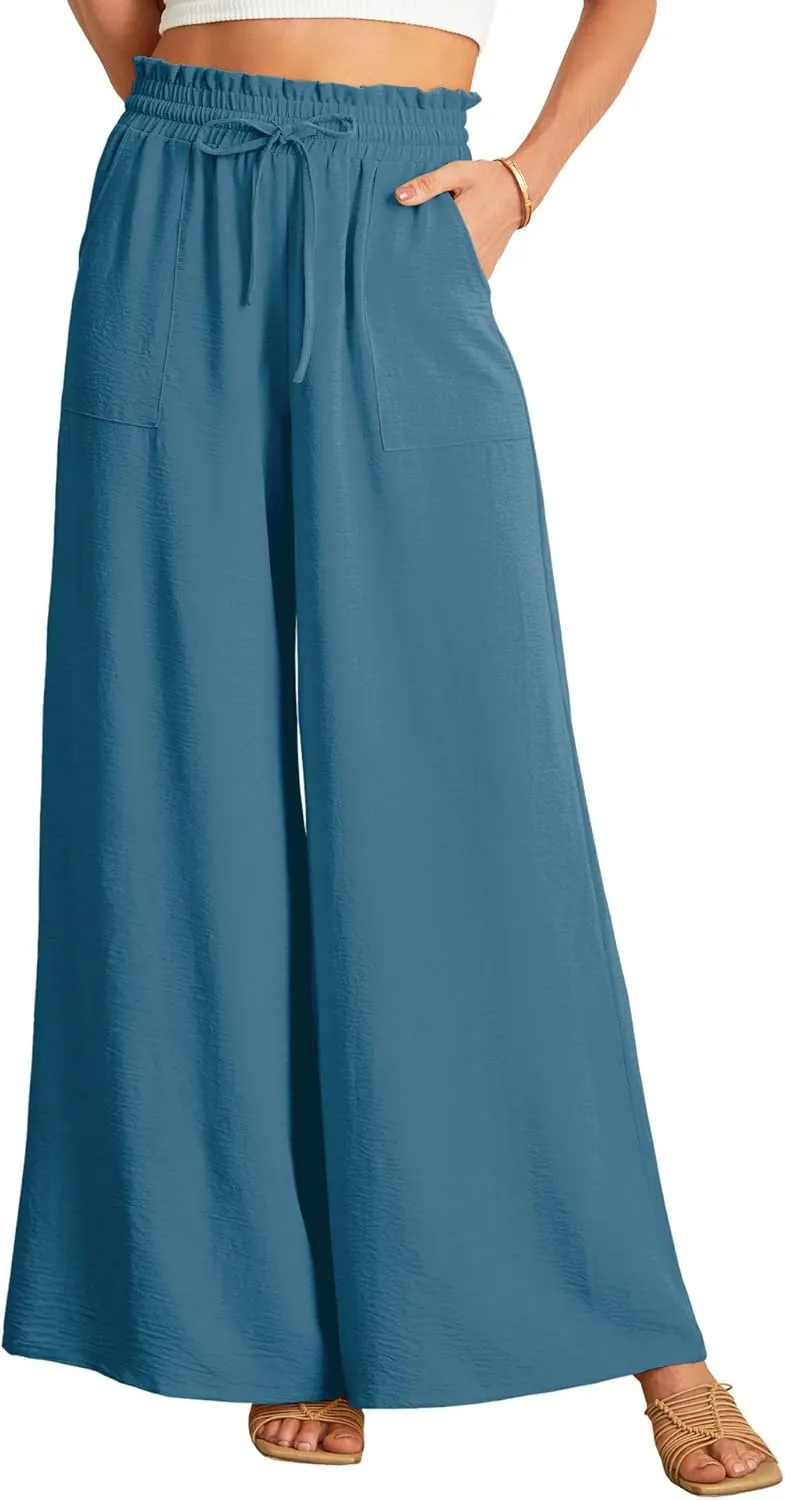 JINKESI Women Wide Leg Pants High Waist Loose Flowy Adjustable Tie Knot Trousers Business Casual Pants with Pockets