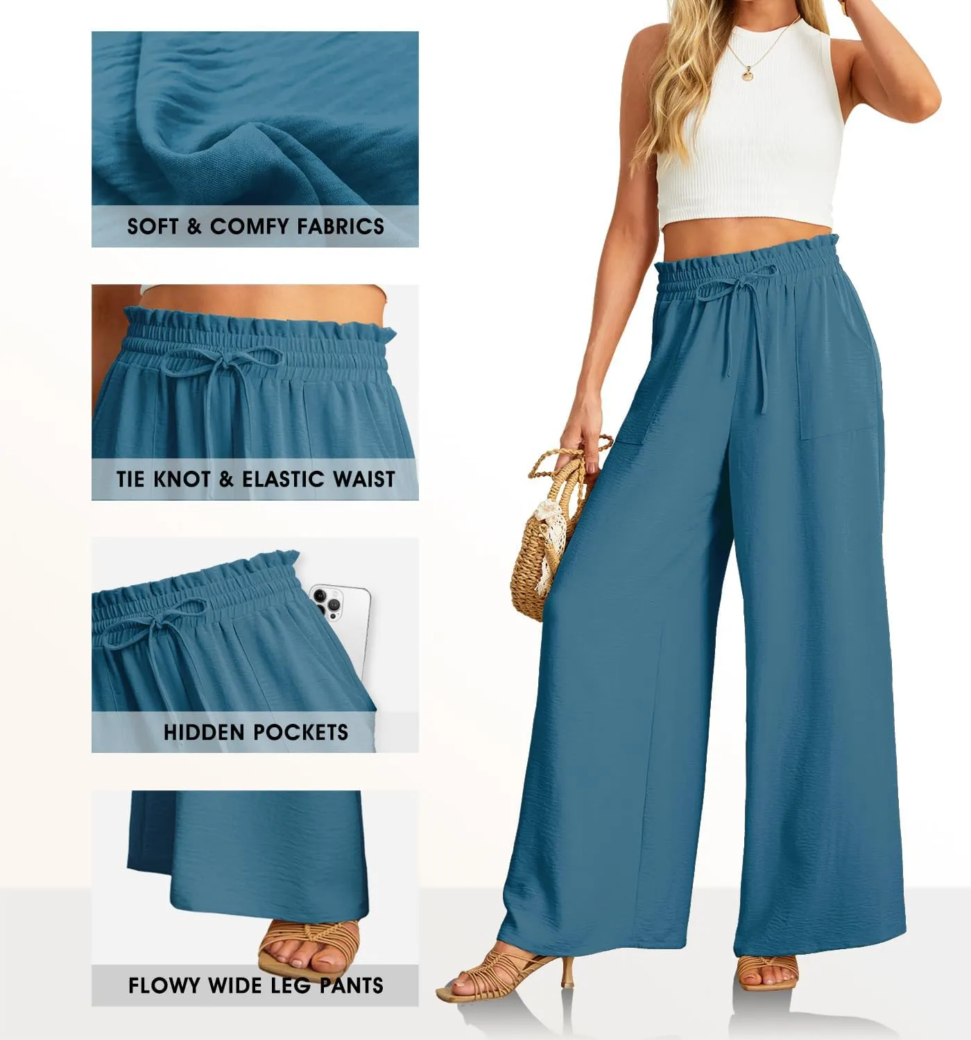 JINKESI Women Wide Leg Pants High Waist Loose Flowy Adjustable Tie Knot Trousers Business Casual Pants with Pockets
