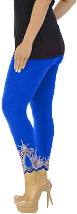 JOFOW Womens Leggings Solid Basic Lace Cuff High Waist Stretch Long Yoga Pants