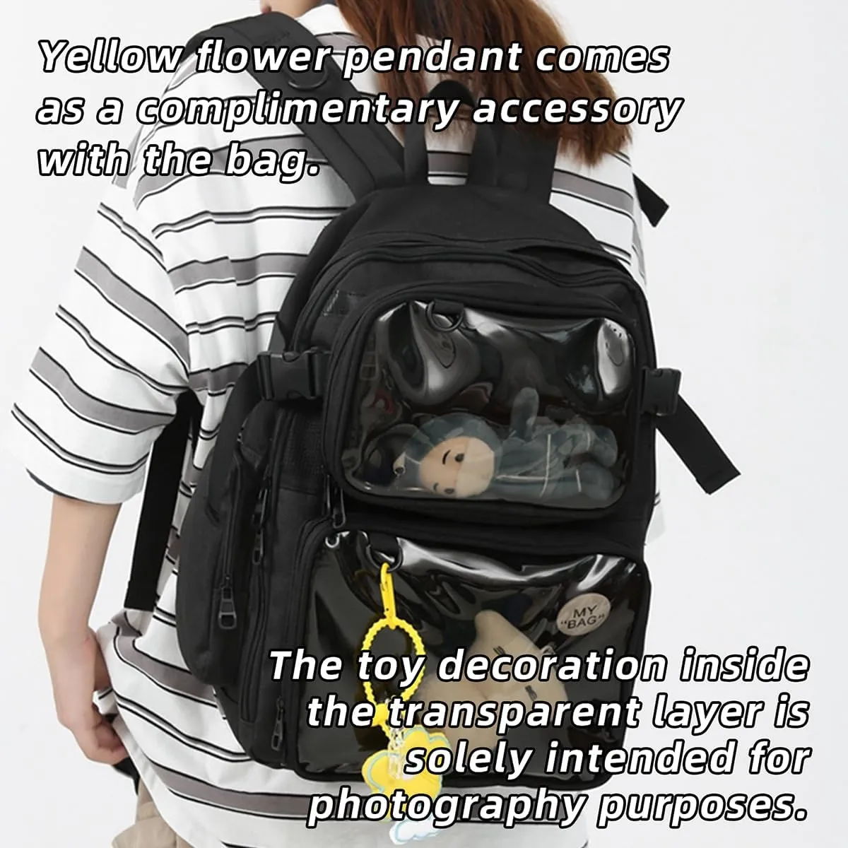 Kawaii Backpack with Cute Accessory ITA Pin Display Bag Y2K Aesthetic Backpack for Anime Cosplay (Black)