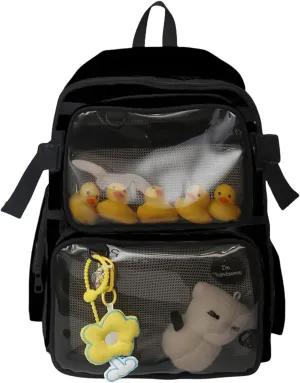 Kawaii Backpack with Cute Accessory ITA Pin Display Bag Y2K Aesthetic Backpack for Anime Cosplay (Black)
