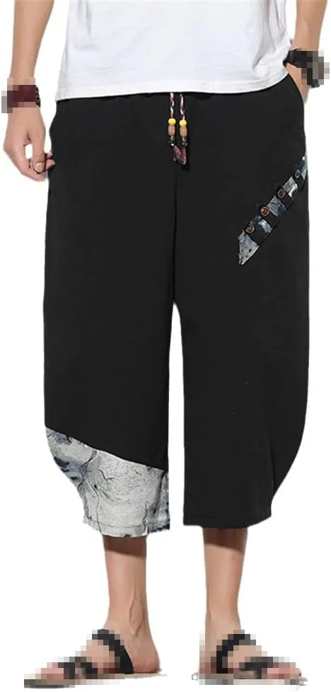 keusyoi Men Harem Pants Summer Casual Pants Mens Cotton Trousers Male Oversized Calf-Length Pants Men Loose Beach Pants