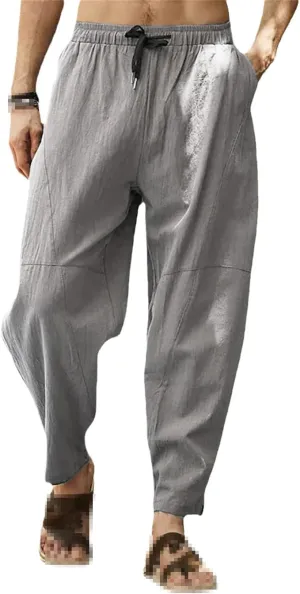 keusyoi Men's Harem Pants Cotton Linen Beach Pants Wide Leg Waist Loose Pants Casual Straight Elastic Waist Drawstring Pants