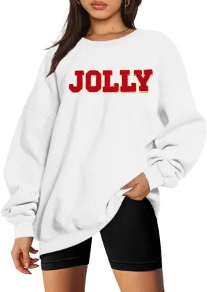 KIDDAD Christmas Sweatshirts Women Glitter Patch Jolly Graphic Sweatshirt Oversized Xmas Vacation Long Sleeve Pullover Tops