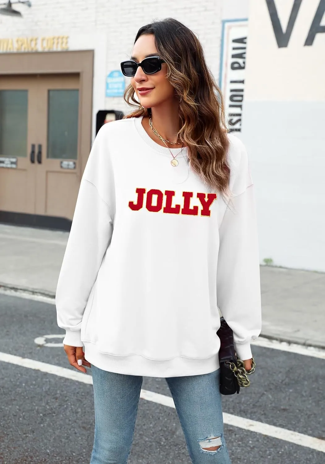 KIDDAD Christmas Sweatshirts Women Glitter Patch Jolly Graphic Sweatshirt Oversized Xmas Vacation Long Sleeve Pullover Tops