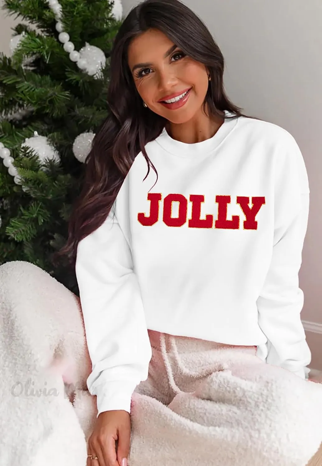 KIDDAD Christmas Sweatshirts Women Glitter Patch Jolly Graphic Sweatshirt Oversized Xmas Vacation Long Sleeve Pullover Tops