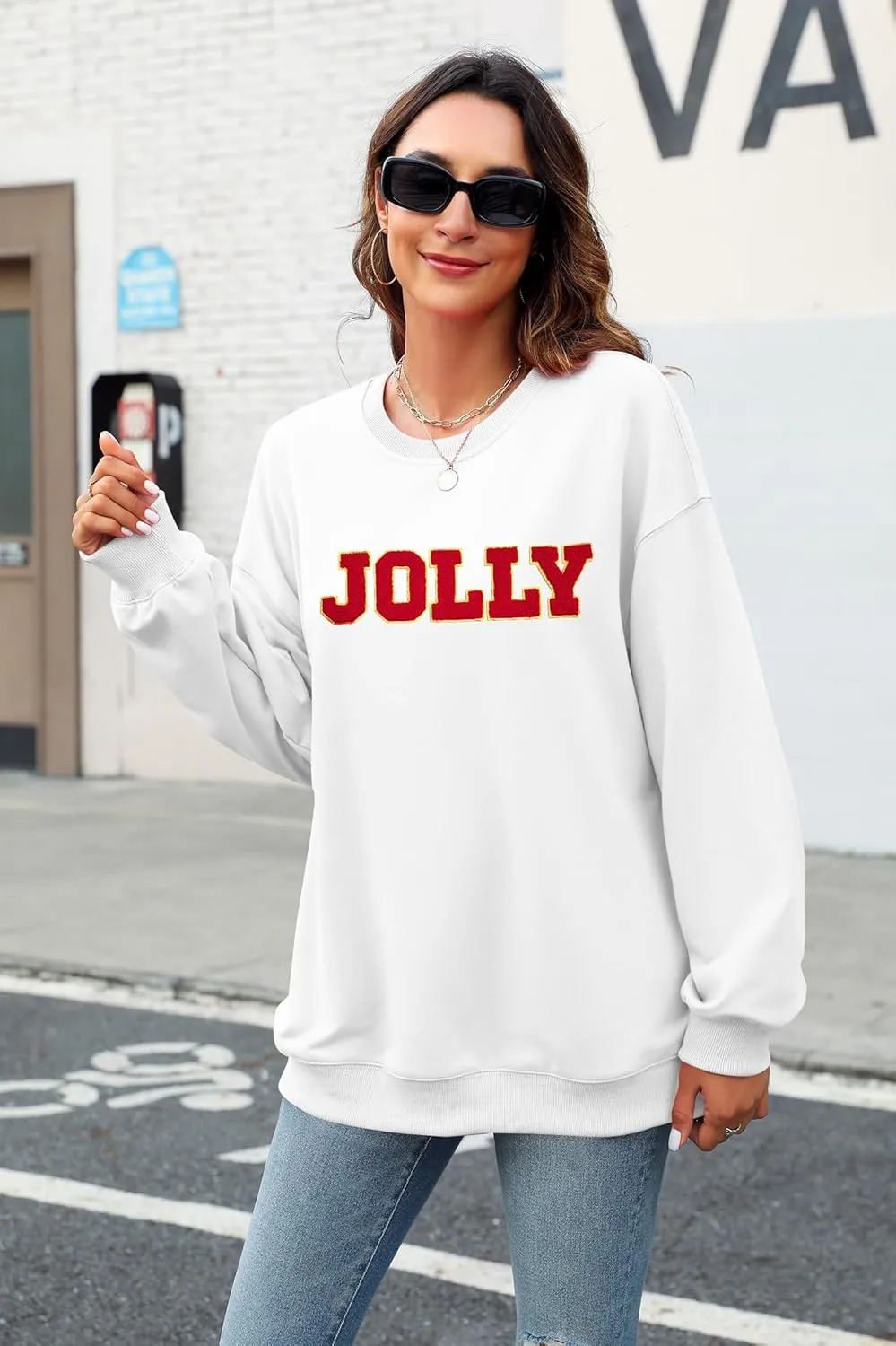 KIDDAD Christmas Sweatshirts Women Glitter Patch Jolly Graphic Sweatshirt Oversized Xmas Vacation Long Sleeve Pullover Tops
