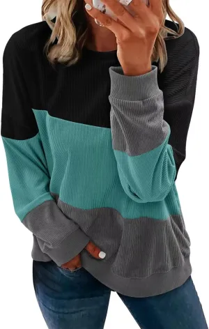 KISSMODA Womens Casual Long Sleeve Sweatshirts Color Block/Solid Tops Corduroy Crewneck Tunic Pullover with Pockets