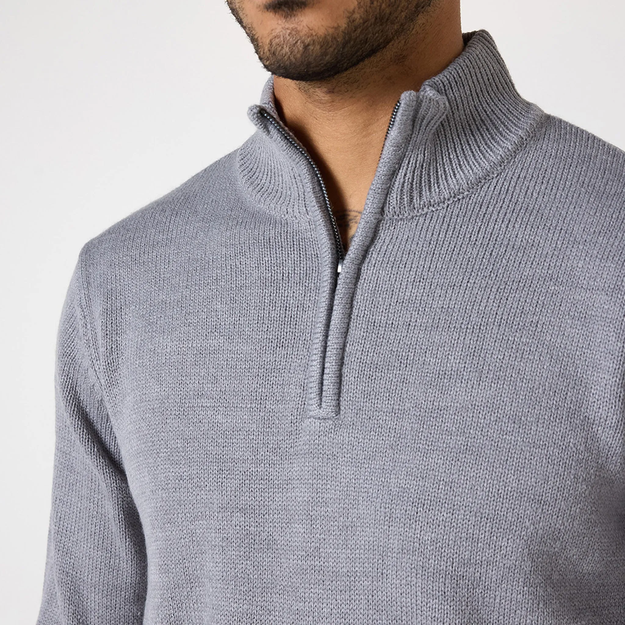 Knit 1/4 Zip Funnel Neck | Grey