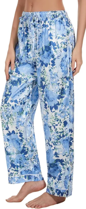 Lavenderi Women's Silk Satin Pajama Pants, Long Sleep Pants with Drawstring