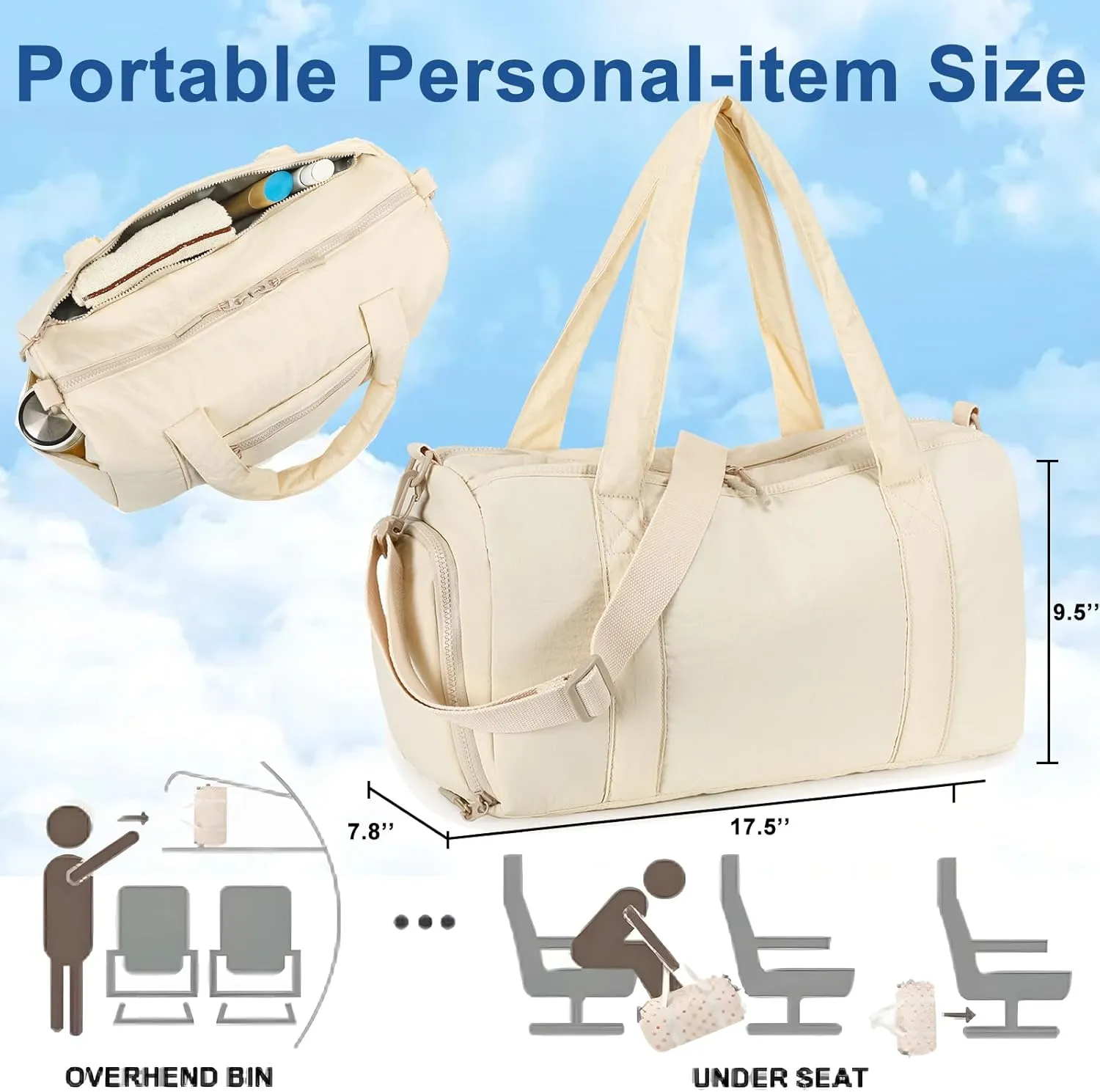 LEDAOU Duffle Bag for Travel, Puffer Gym Bag for Women, Lightweight Carry-on Tote, Weekender Overnight Bag with Wet Pocket, Workout Bag (Beige)