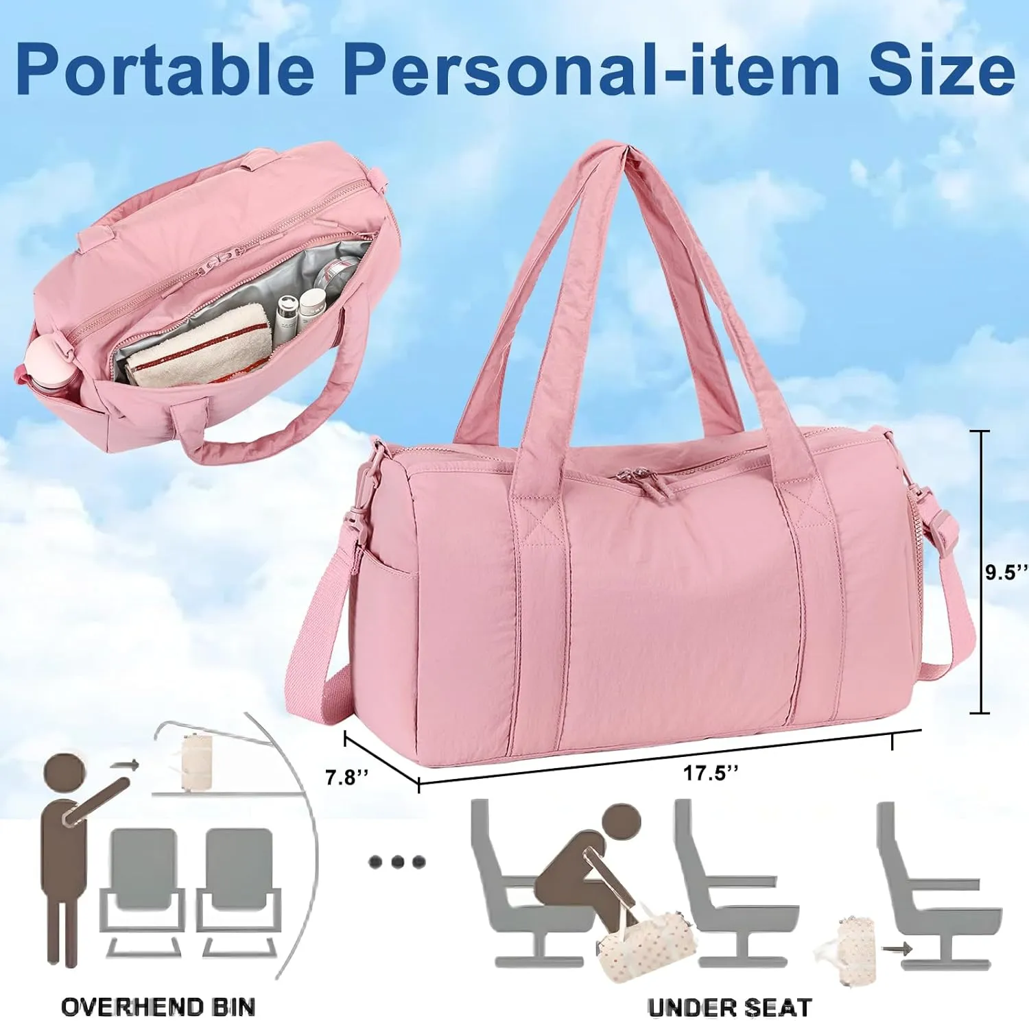 LEDAOU Duffle Bag for Travel, Puffer Gym Bag for Women, Lightweight Carry-on Tote, Weekender Overnight Bag with Wet Pocket, Workout Bag(Pink)