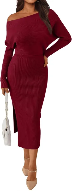 LILLUSORY Womens Fall Sweater Dresses Off The Shoulder Winter Clothes Long Sleeve 2025 Midi Plus Size Fashion Outfits Party