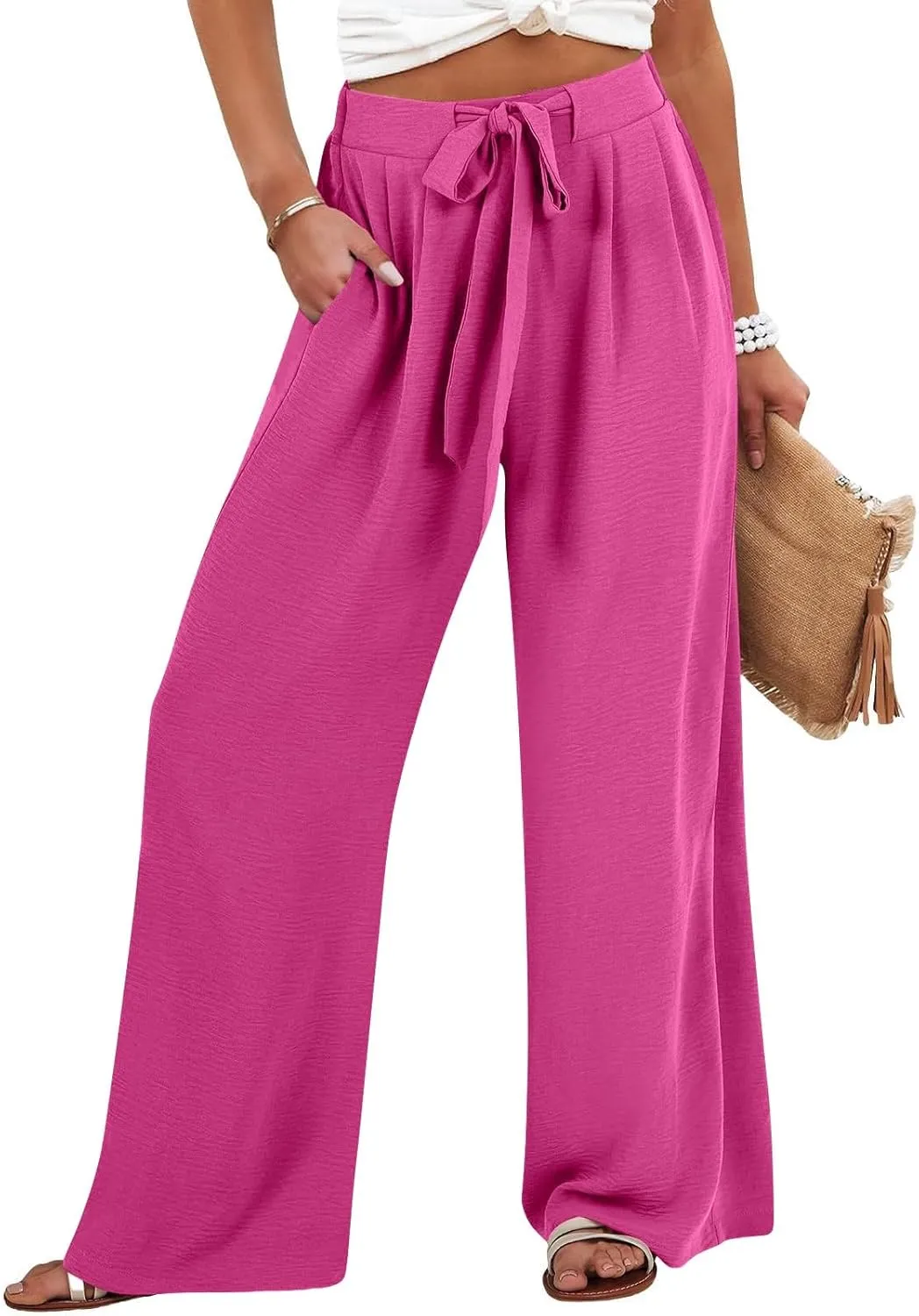 Linen Pants for Women 2025 Dressy High Waisted Wide Leg Palazzo Pants Summer Casual Loose Flowy Trousers with Pocket