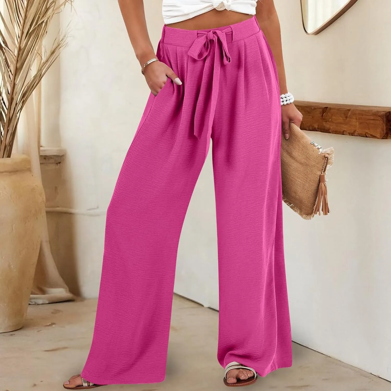 Linen Pants for Women 2025 Dressy High Waisted Wide Leg Palazzo Pants Summer Casual Loose Flowy Trousers with Pocket