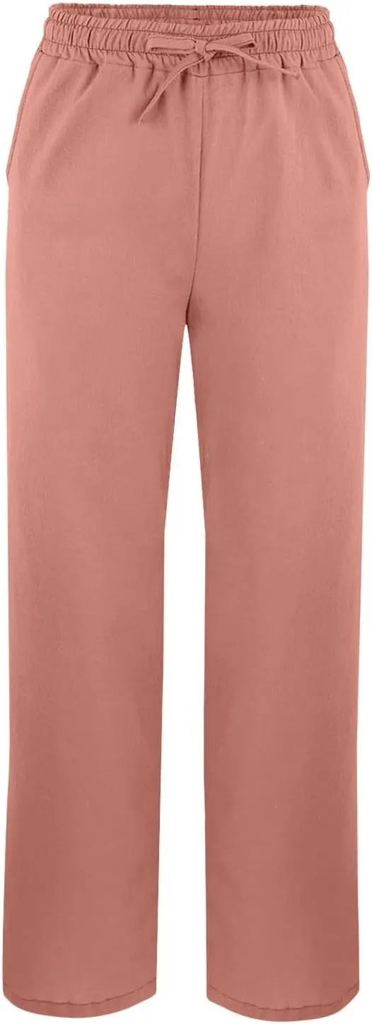 Linen Pants for Women 2025 Summer Elastic High Waist Split Hem Pants Casual Loose Fit Drawstring Trousers with Pocket
