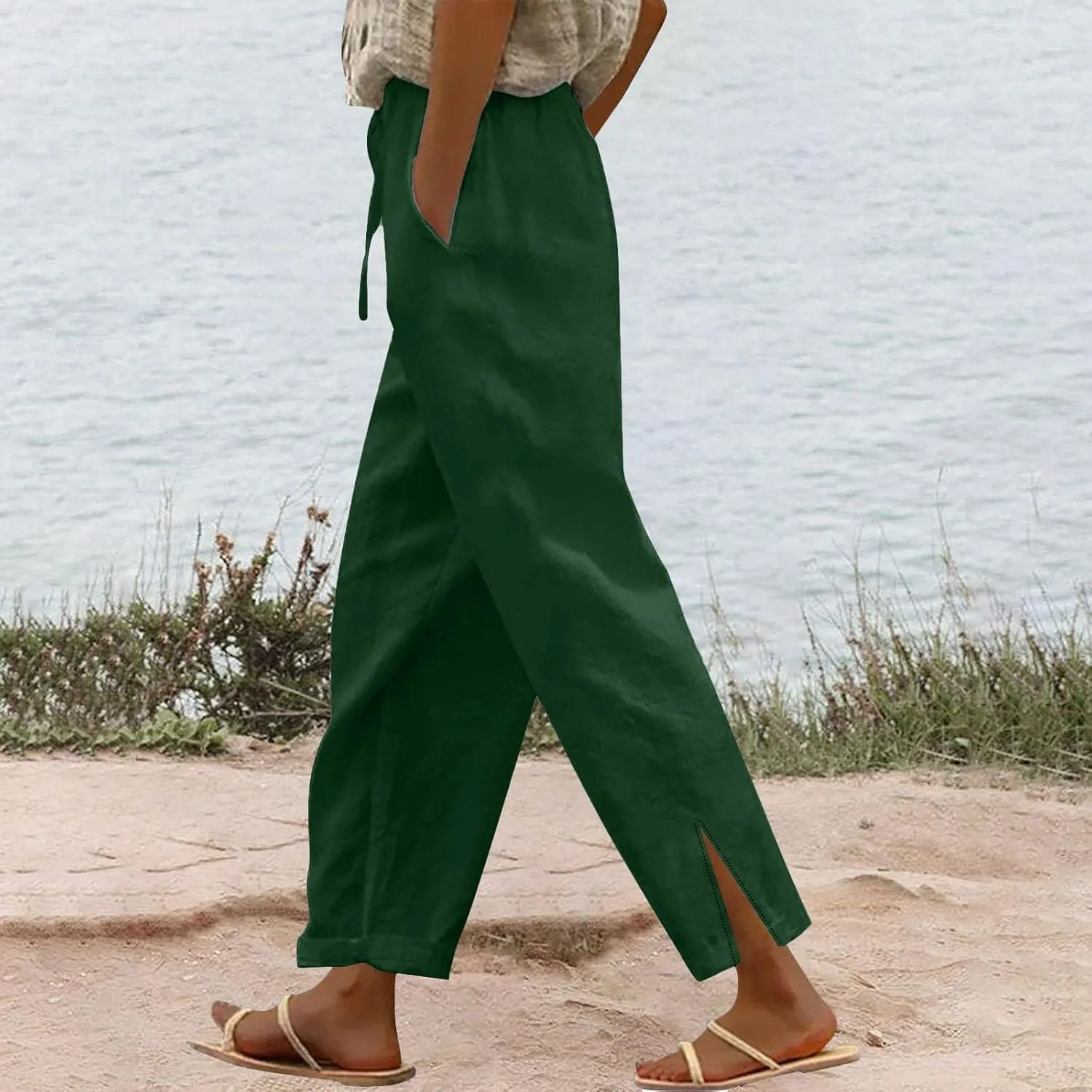 Linen Pants for Women 2025 Summer Elastic High Waist Split Hem Pants Casual Loose Fit Drawstring Trousers with Pocket