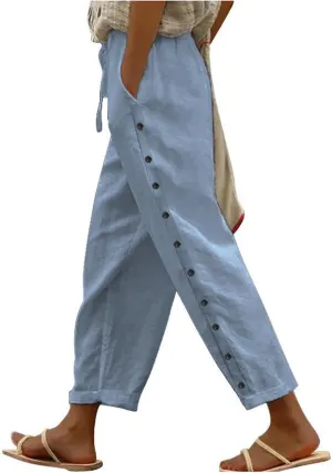 Linen Pants for Women Wide Straight Leg Side Button Pants 2025 Trendy Baggy Elastic Waist Trousers with Pockets