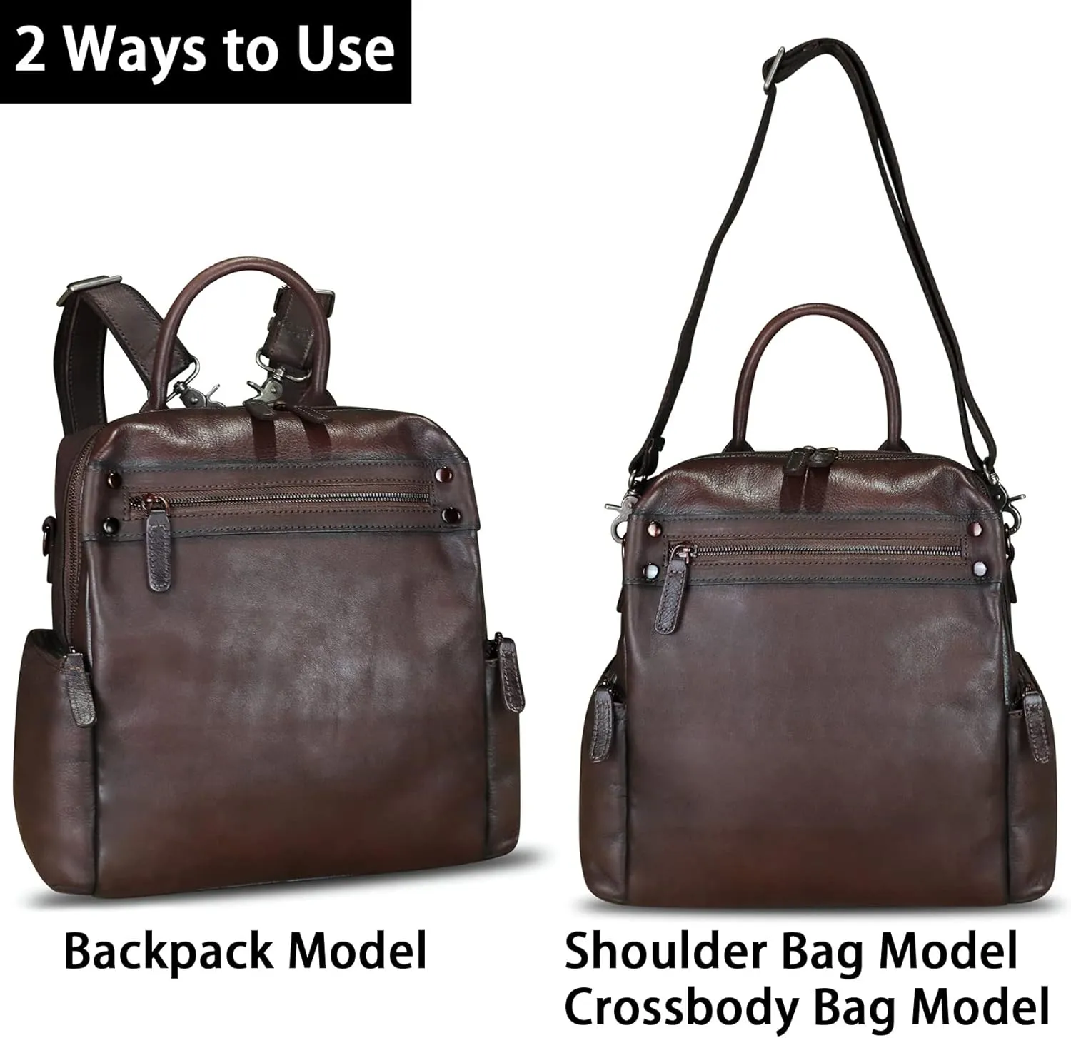 LRTO Genuine Leather Backpack Purse for Women Vintage Casual Daypack Knapsack Handmade Rucksack Convertible Shoulder Bag (Coffee) Medium