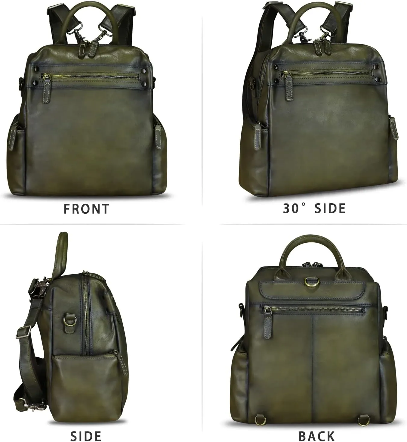 LRTO Genuine Leather Backpack Purse for Women Vintage Casual Daypack Knapsack Handmade Rucksack Convertible Shoulder Bag (Green) Medium