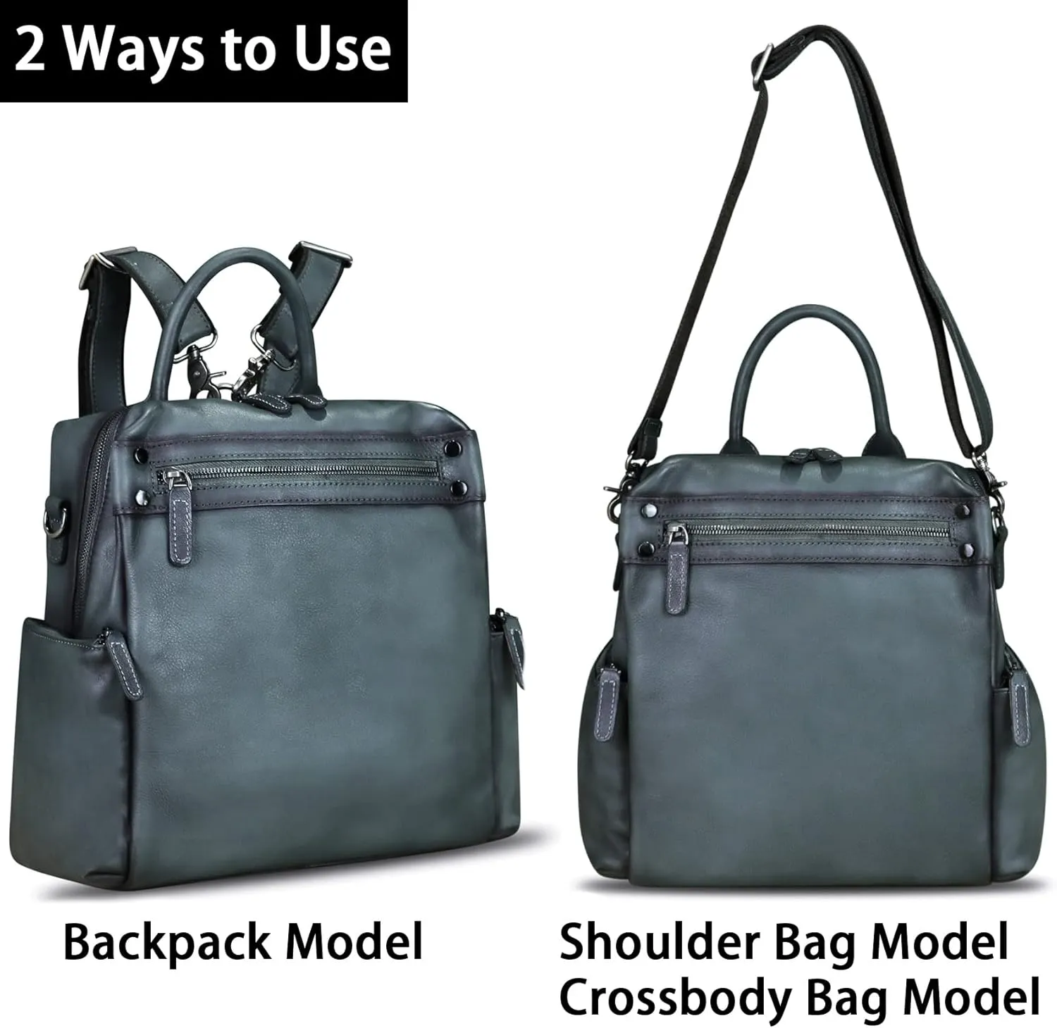 LRTO Genuine Leather Backpack Purse for Women Vintage Casual Daypack Knapsack Handmade Rucksack Convertible Shoulder Bag (Grey) Medium
