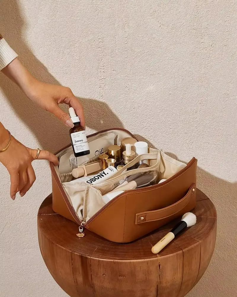 Luxury Makeup Bag for Women, Cosmetic bag, Makeup case,Travel makeup bag,Toiletry bag, Large, Waterproof, portable, Open Flat, Make up Organizer with Divider and Handle (brown)