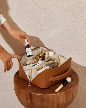 Luxury Makeup Bag for Women, Cosmetic bag, Makeup case,Travel makeup bag,Toiletry bag, Large, Waterproof, portable, Open Flat, Make up Organizer with Divider and Handle (brown)