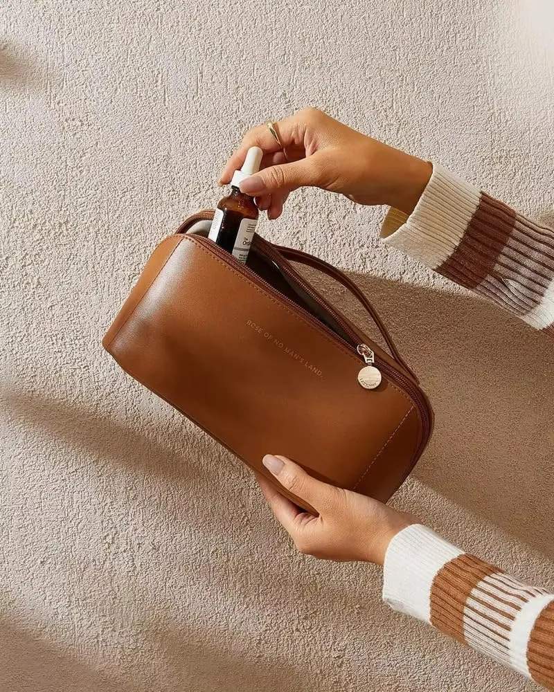 Luxury Makeup Bag for Women, Cosmetic bag, Makeup case,Travel makeup bag,Toiletry bag, Large, Waterproof, portable, Open Flat, Make up Organizer with Divider and Handle (brown)