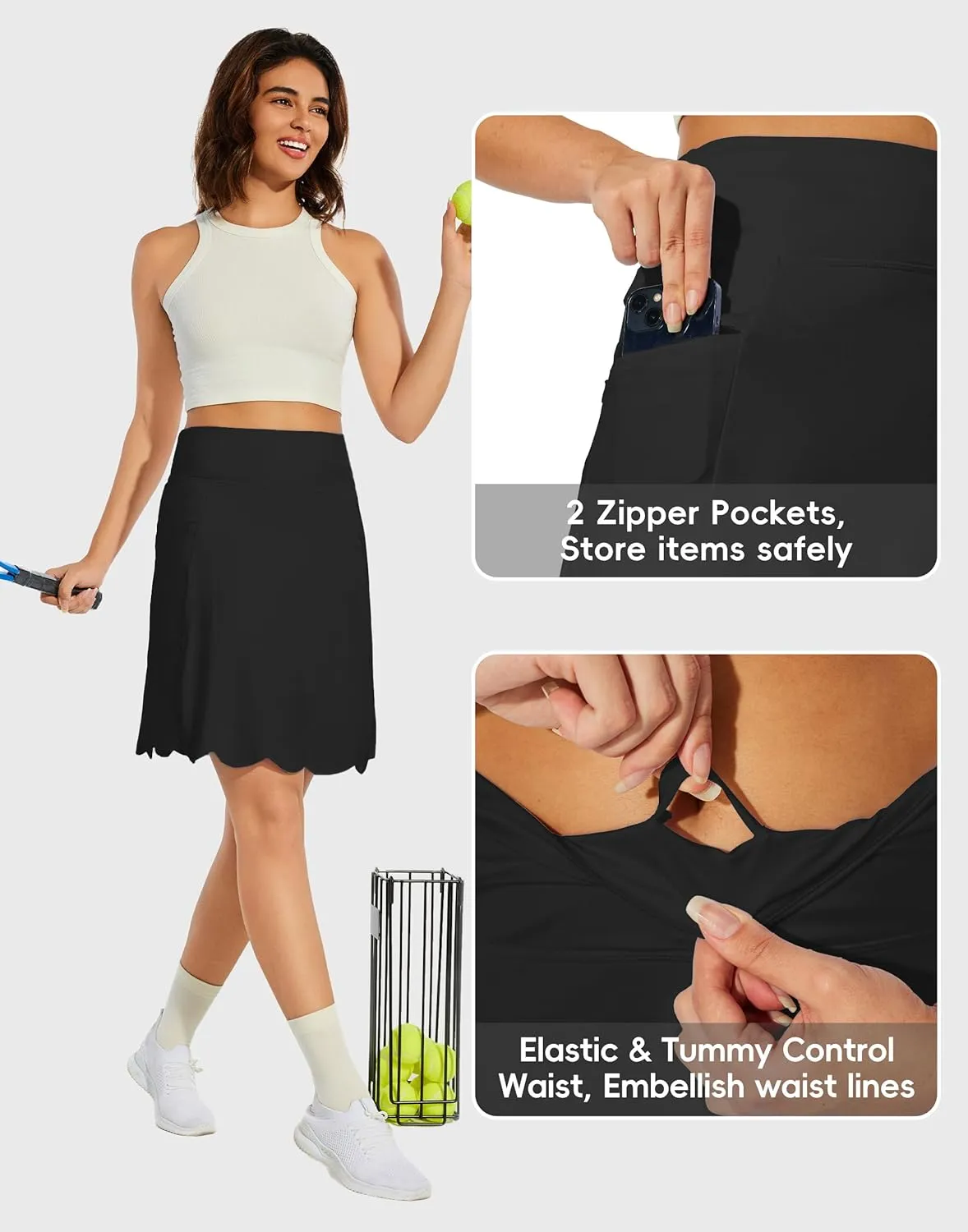 M MOTEEPI 20" Scalloped Hem Golf Skirts for Women with Zipper Pockets Womens Skort Tummy Control