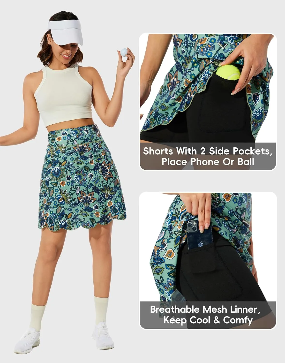 M MOTEEPI 20" Scalloped Hem Golf Skirts for Women with Zipper Pockets Womens Skort Tummy Control