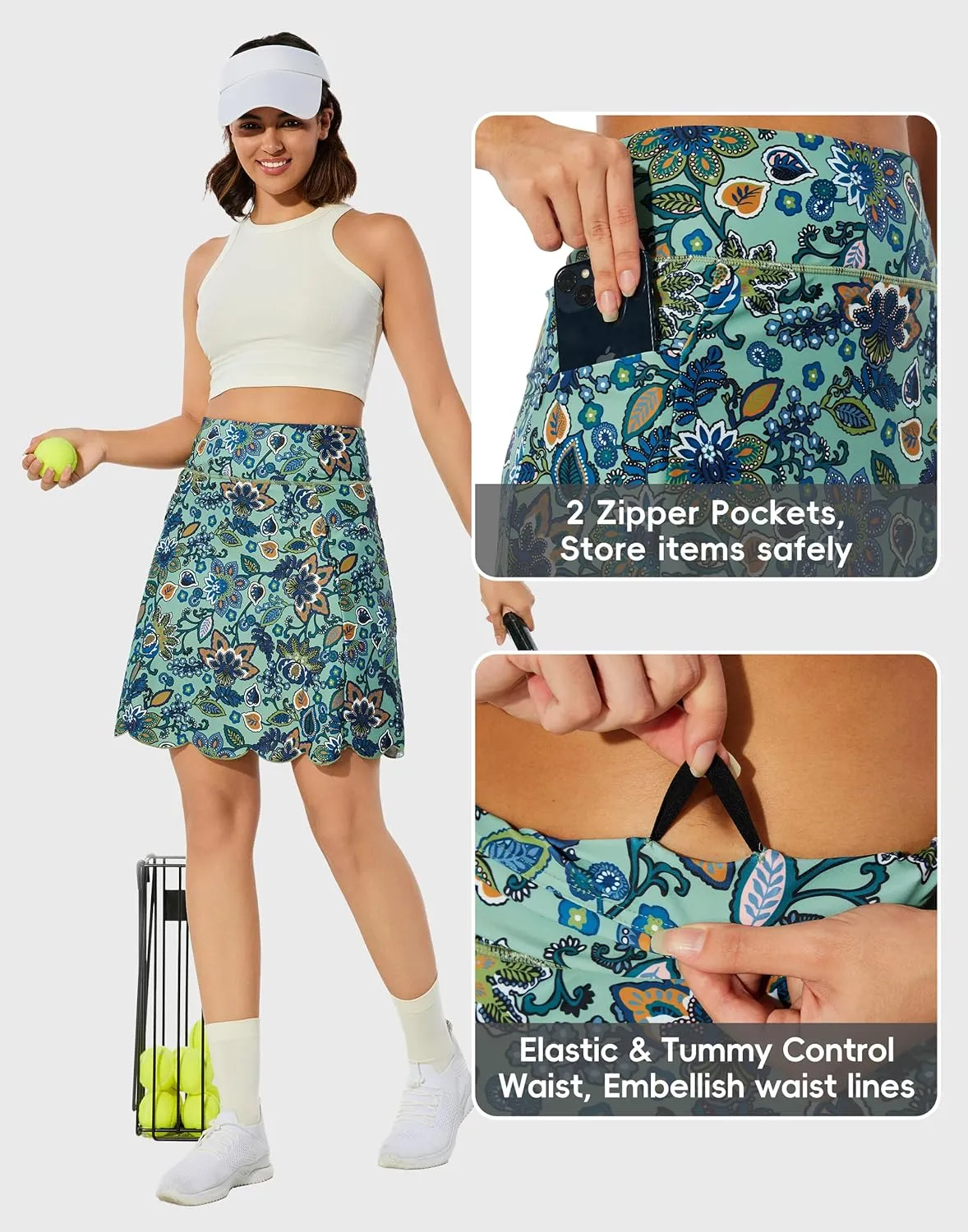 M MOTEEPI 20" Scalloped Hem Golf Skirts for Women with Zipper Pockets Womens Skort Tummy Control