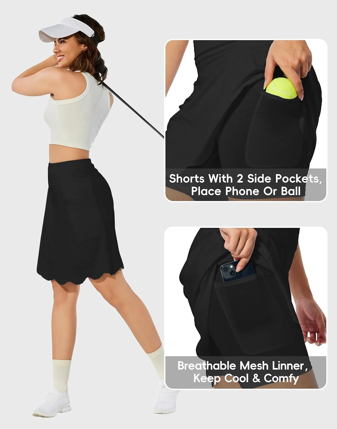 M MOTEEPI 20" Scalloped Hem Golf Skirts for Women with Zipper Pockets Womens Skort Tummy Control