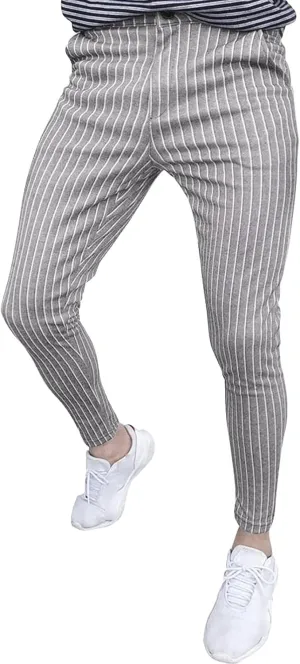 Maiyifu-GJ Mens Stretch Skinny Dress Pants Slim Fit Pinstripe Formal Pants Casual Business Flat Front Chino Trousers