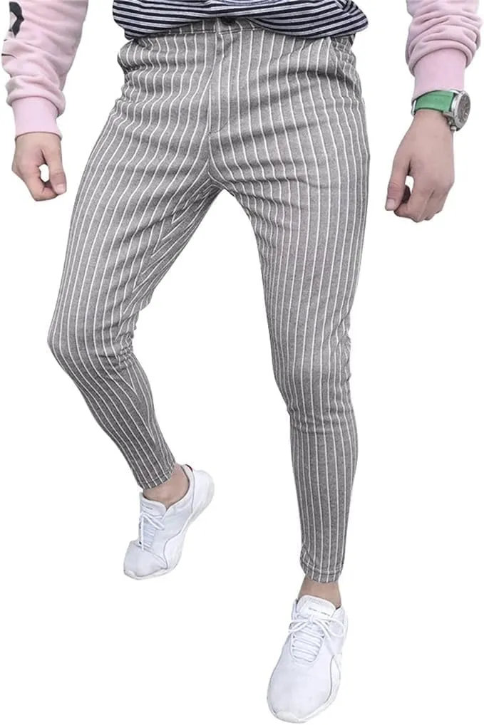 Maiyifu-GJ Mens Stretch Skinny Dress Pants Slim Fit Pinstripe Formal Pants Casual Business Flat Front Chino Trousers