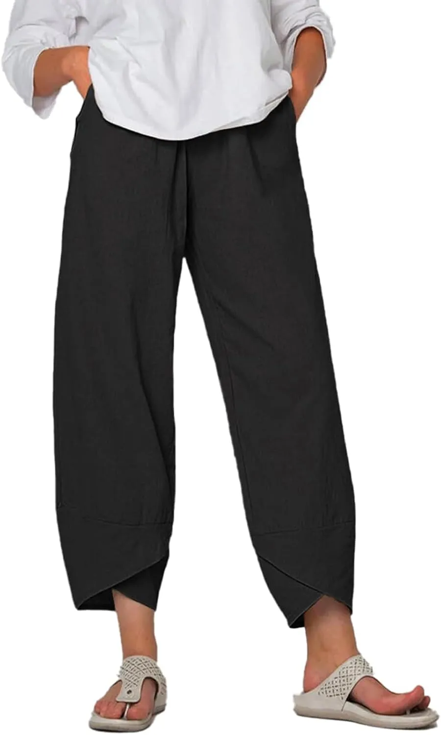 MARSVOVO Capri Pants for Women Summer Fashion Patchwork Cropped Comfy Wide Leg Baggy Trouser Palazzo Pants with Pockets