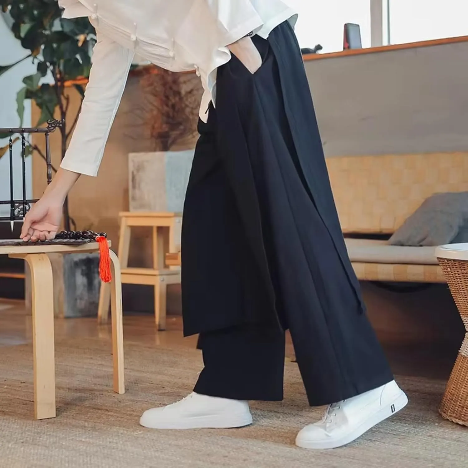 Men Patchwork Wide Bottom Pants Male Chinese East Style Harem Pants