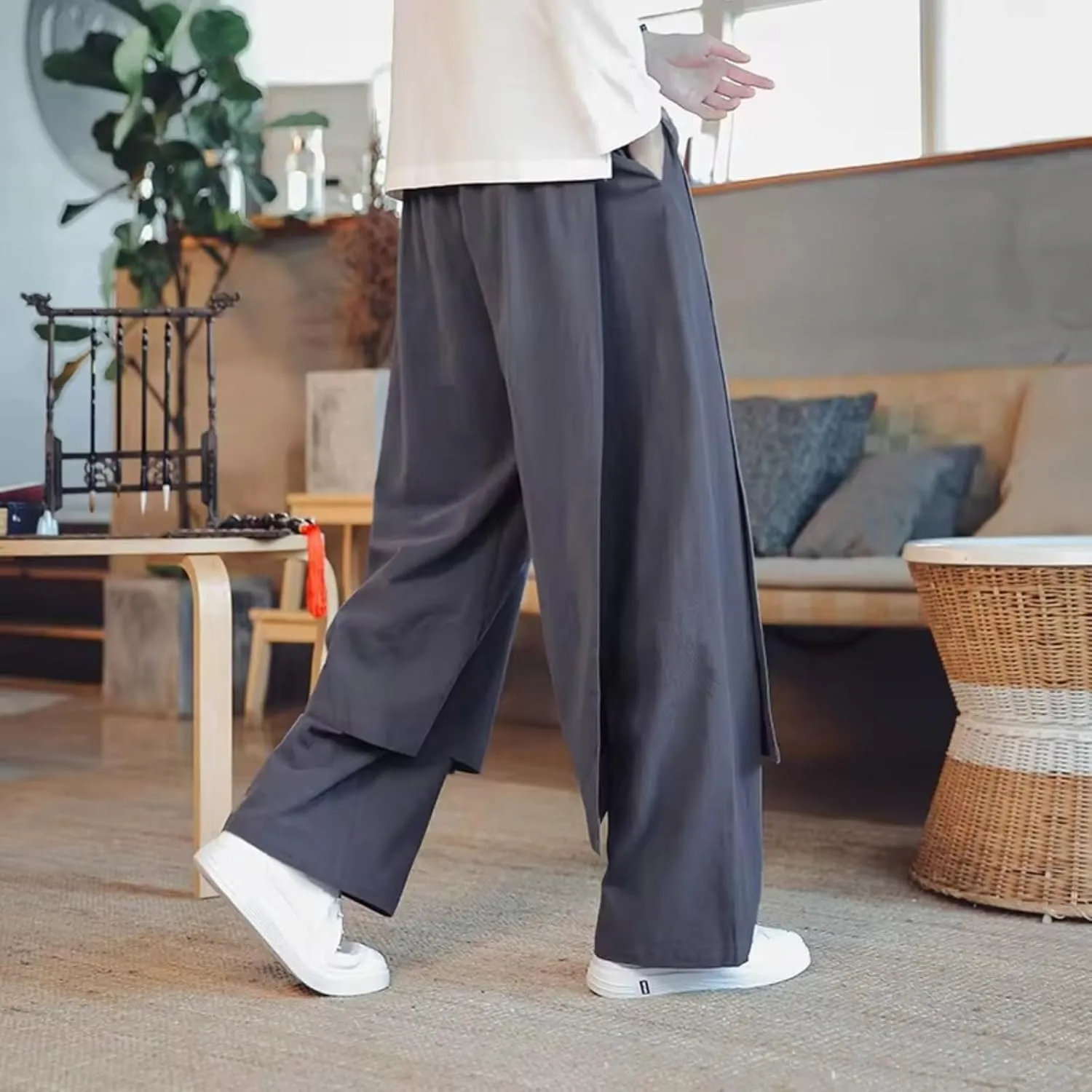 Men Patchwork Wide Bottom Pants Male Chinese East Style Harem Pants