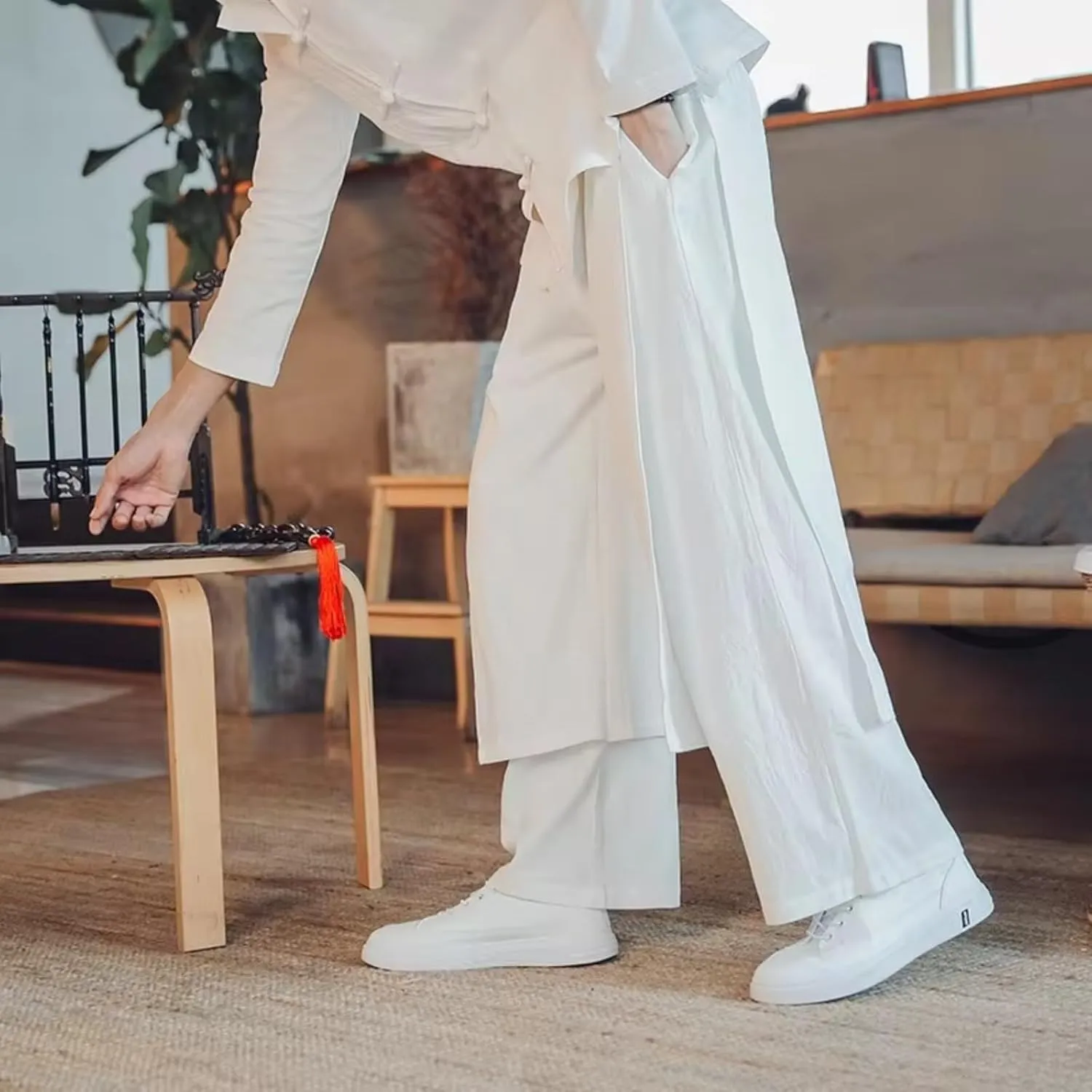 Men Patchwork Wide Bottom Pants Male Chinese East Style Harem Pants
