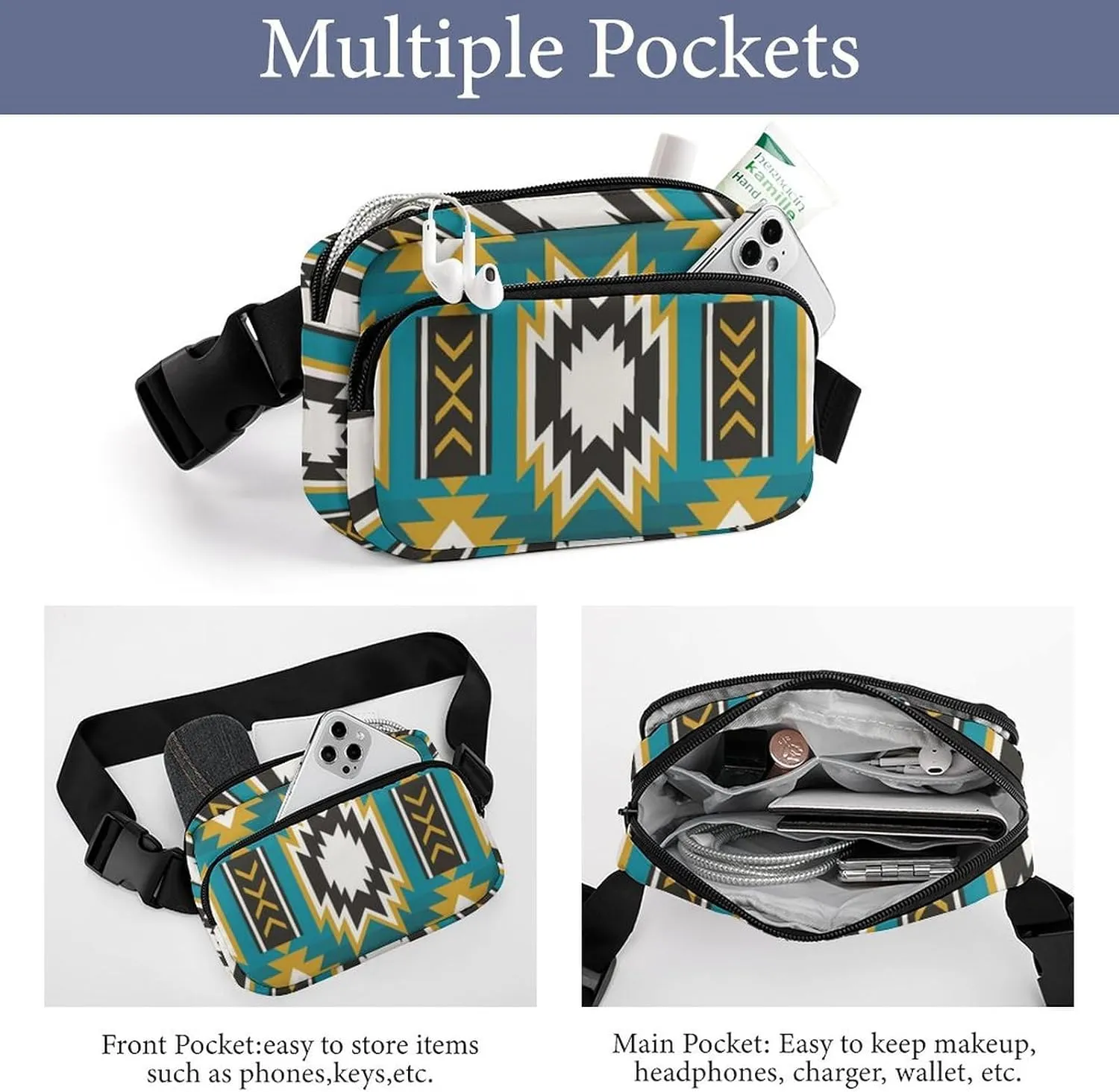 Mens Adjustable Fitness Waist Bag Crossbody Fanny Pack for Running/Workout, Compatible with Southwestern Aztec Native American Ethnic Green