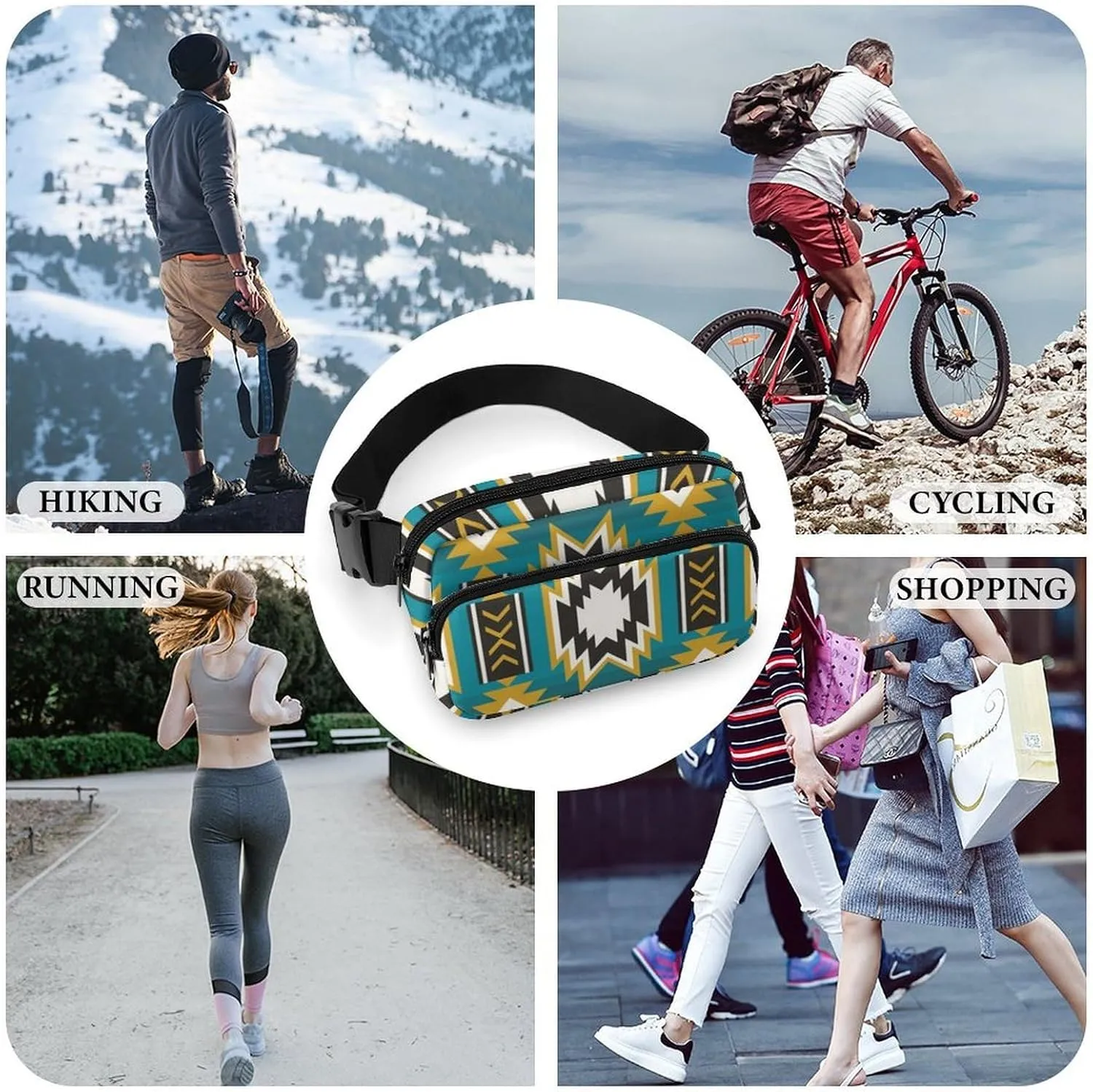 Mens Adjustable Fitness Waist Bag Crossbody Fanny Pack for Running/Workout, Compatible with Southwestern Aztec Native American Ethnic Green