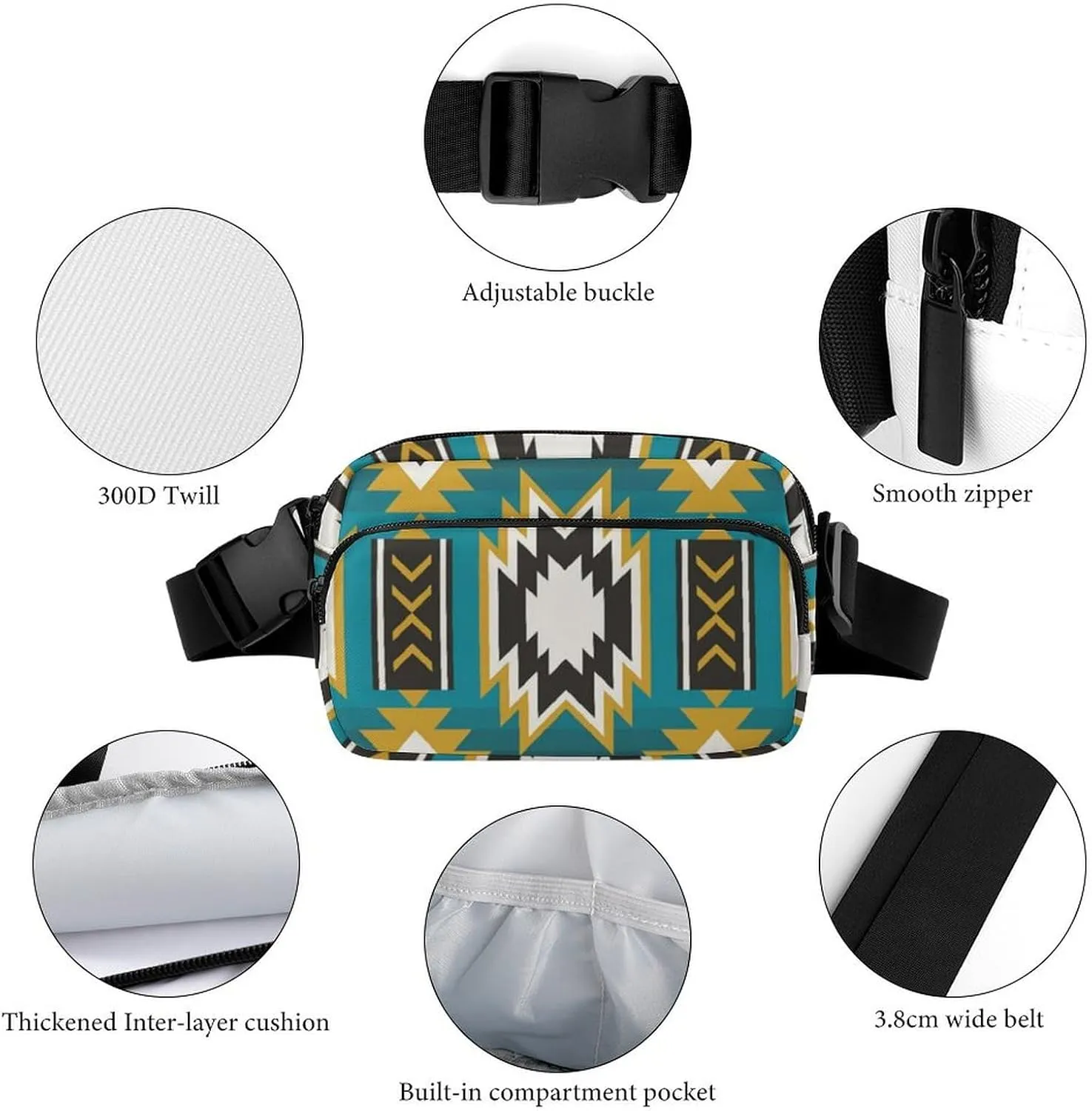Mens Adjustable Fitness Waist Bag Crossbody Fanny Pack for Running/Workout, Compatible with Southwestern Aztec Native American Ethnic Green