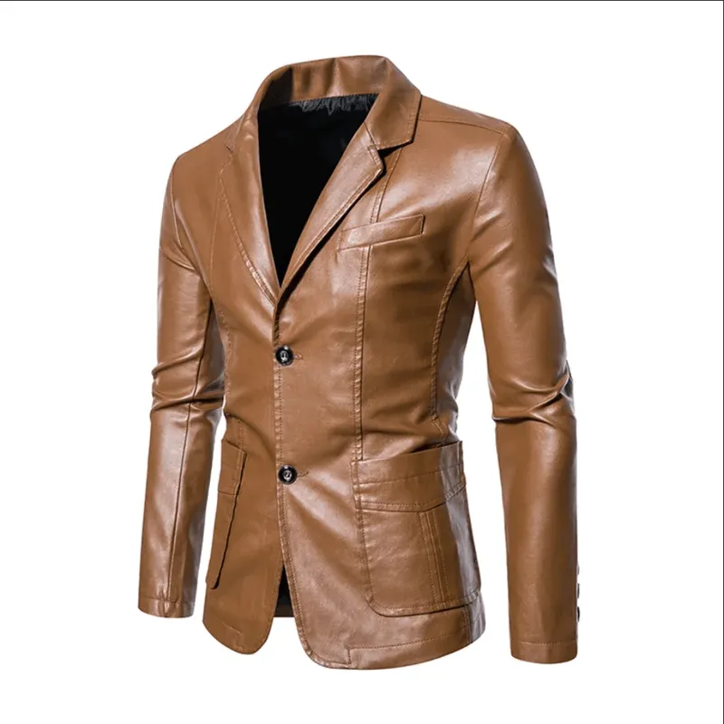 Men's Business Casual Leather Jacket – Slim Fit Suit Collar Coat