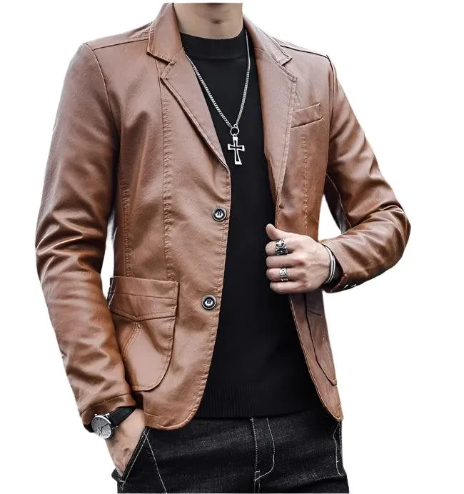 Men's Business Casual Leather Jacket – Slim Fit Suit Collar Coat