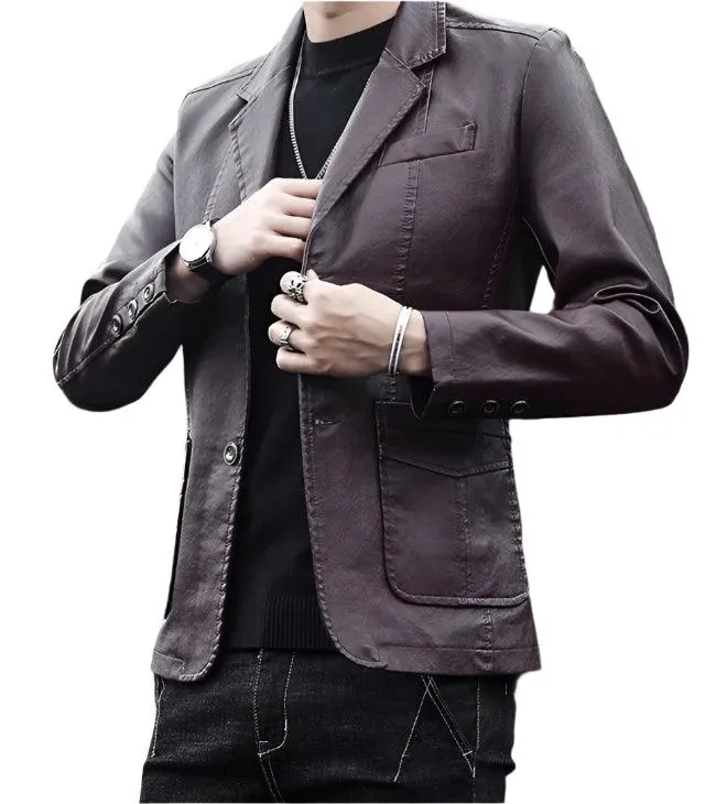 Men's Business Casual Leather Jacket – Slim Fit Suit Collar Coat